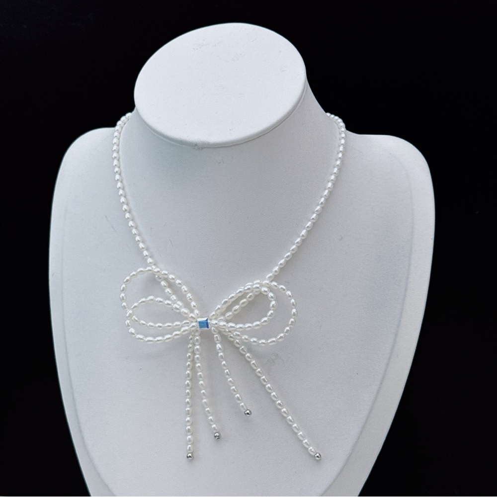 X359 S925 High Quality Freshwater Pearl Bow Necklace - Picture 7 of 8